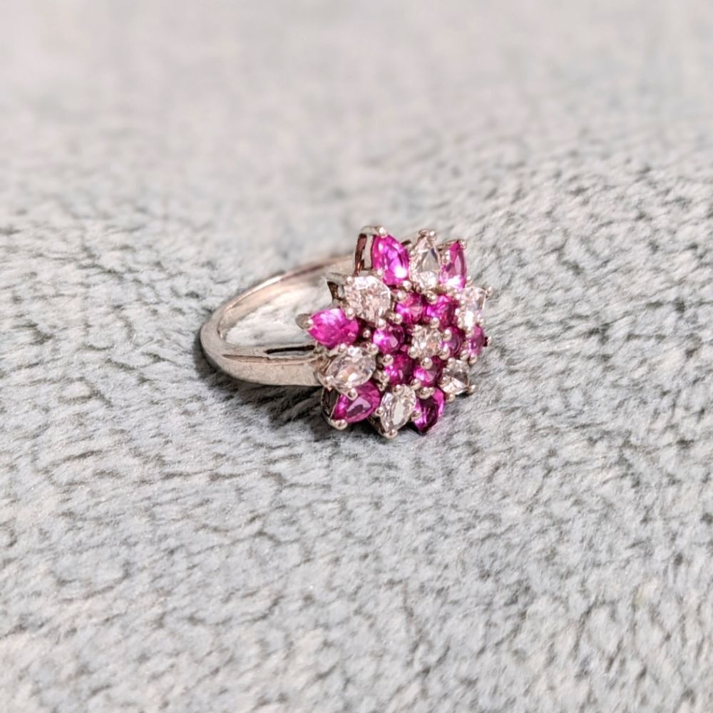 Vintage Pink & White Cubic Zirconia Ring Rhodium Plated - Picture 13 of 13